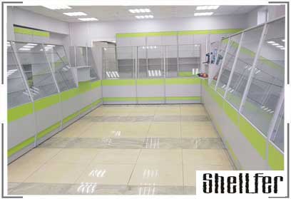 Аптечные витрины зала с подсветкой и выкладкой медпрепаратов
